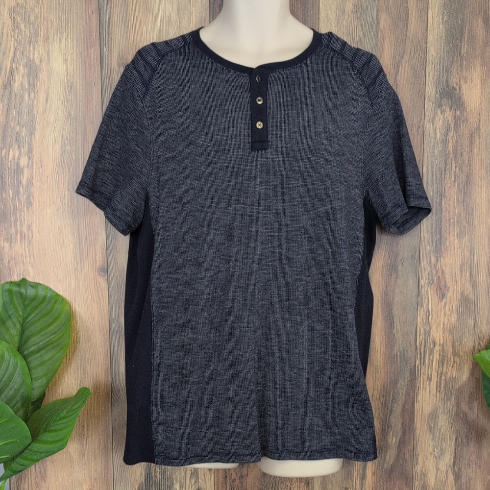Rock & Republic Navy Waffle Knit 1/4 Button Short Sleeve Shirt XL         P344